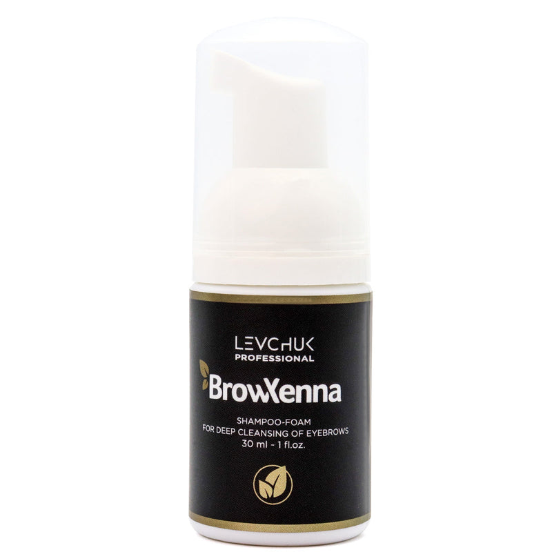 BrowXenna® Brow henna Shampoo-foam for deep cleansing of eyebrows over a white background. 