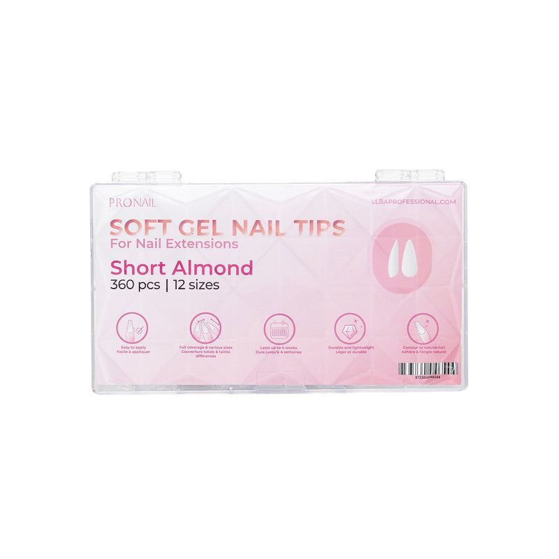 Curacoro Short Almond Soft Gel Nail Tips packaging with 360 pieces in 10 sizes for nail extensions, featuring a light pink design.