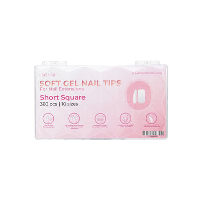 Clear packaging of short square soft gel nail tips, featuring pink accents and icons illustrating product benefits.