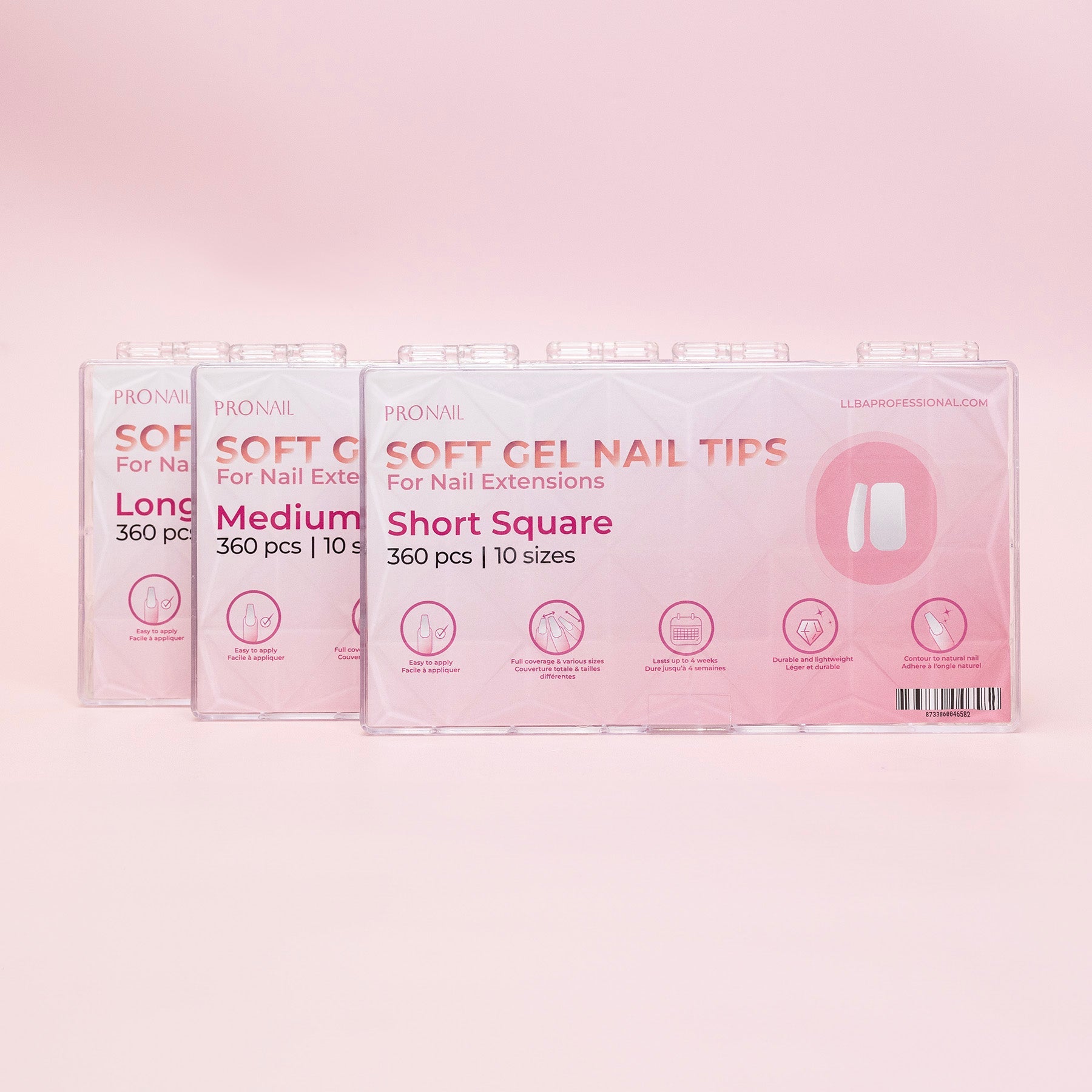Soft gel nail tips packaging lineup featuring short, medium, and long square designs on a pink background.