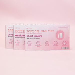 Soft gel nail tips packaging lineup featuring short, medium, and long square designs on a pink background.
