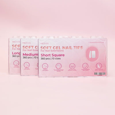 Soft gel nail tips packaging lineup featuring short, medium, and long square designs on a pink background.