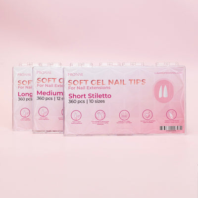 Curacoro Soft Gel Nail Tips packaging featuring Long, Medium, and Short Stiletto styles, displayed against a soft pink background.