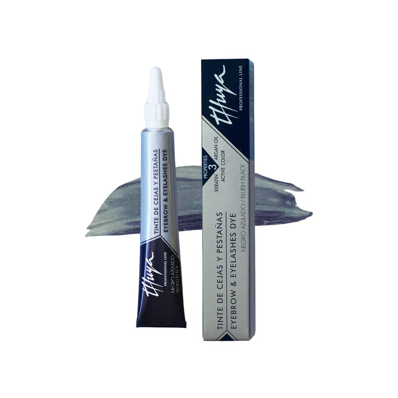 Thuya Bluish Black Eyebrow & Eyelashes Dye with keratin and argan oil, shown with packaging and swatch on a white background.