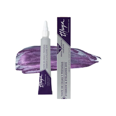 Thuya Eyebrow & Eyelashes Dye in Violet Black, enriched with keratin and argan oil, shown with packaging and swatch on a white background.